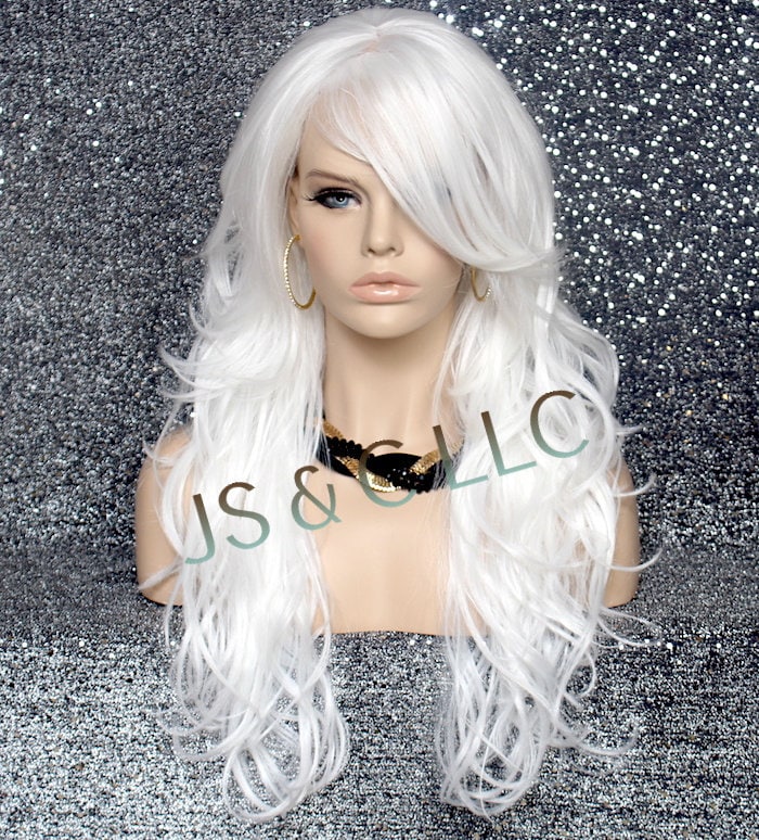 WHITE Human Hair Blend White Full Wig Wavy Long Heat Safe Etsy