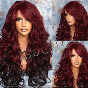 Beautiful Human hair Blend Deep Burgundy Black Long Full Wig with curls and bangs and side parting