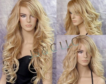 Absolutely Stunning Human Hair Blend Blonde Goddess Full Wig ... Big loose beachy waves and full bangs. Layers of hair to play with