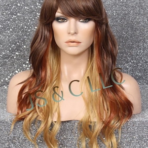 Human hair Blend Wig Brown Copper Blonde Mixed Long Wavy Center Dot Crown Bangs Heat Ok Light Weight Med Coverage Costume/Theater/Cosplay