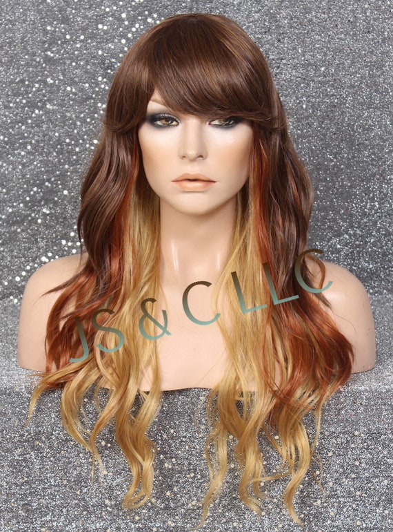 Human Hair Blend Wig Brown Copper Blonde Mixed Long Wavy  display picture 1