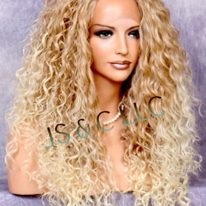 Human hair Blend Lace Front Wig Blonde Mixed Geled Curly textured Heat OK Free Part Long Cancer Alopecia Hair Loss Cosplay Theatrical