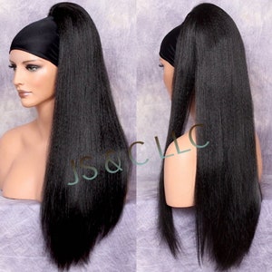 28" Black Human hair Blend Textured Straight Ponytail Hair piece Extension Heat OK drawstring  Cancer Theater Alopecia Cosplay