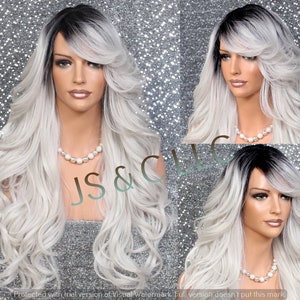 Light grey with Dark Rooted Goddess Human Hair Blend Long Curly Layered wig Heat OK Cancer Alopecia Theater Cosplay