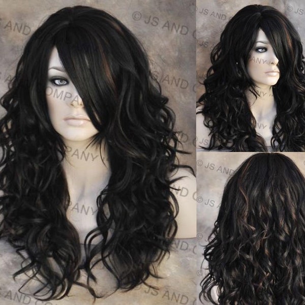 Black with Auburn highlights Human Hair Blend Wavy Extra Long Bangs Off Center parting Wavt curly Cancer Alopecia Theater Cosplay