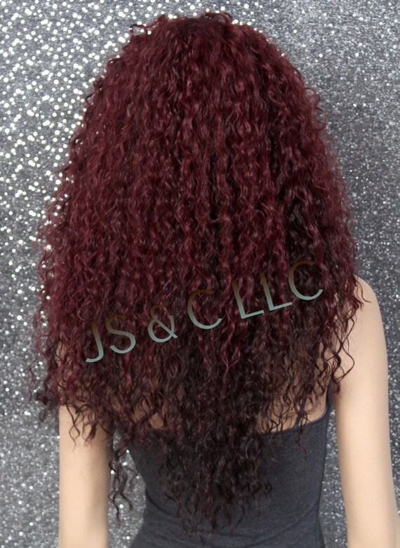 Dark red curly wig best sale