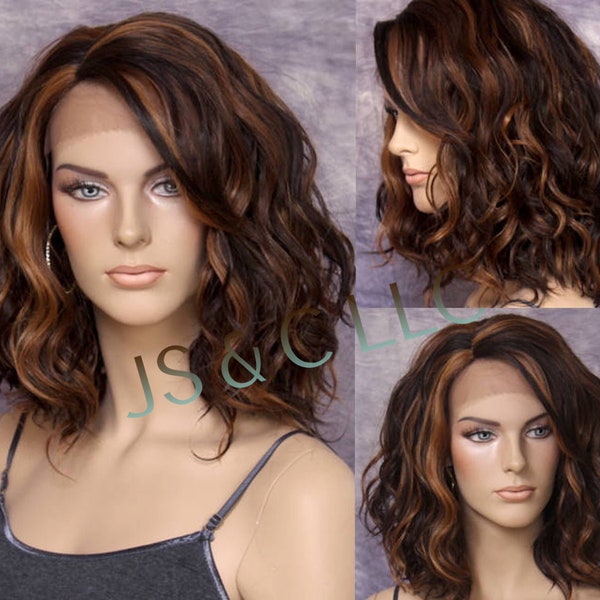 Natural Human hair Blend Full Lace front wig with side lace parting with beautiful beachy wavy soft texture Brown Auburn mix in color