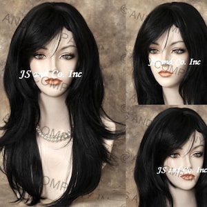 Black Human Hair Blend Wig Heat OK Flared out Sides and Back Full Bangs Cancer Alopeica Theater Anime Cosplay Emo