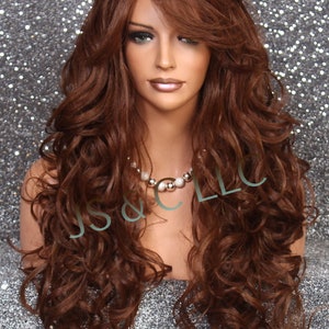 Beautiful Human hair Blend Auburn  mix Long Full Wig Heat Resistant 28&quot; with curls and bangs and side parting