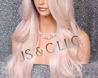 Peluca con encaje frontal y mezcla de cabello humano, larga, ondulada, en capas, rosa, negro y dorado rosa, apta para el calor, cáncer, alopecia y cosplay