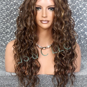 Caramel Brown Blonde Mix Human Hair Blend Lace Front Wig Curly Long Heat OK Hand Tied Center Parting Cancer Alopeica Theater Cosplay