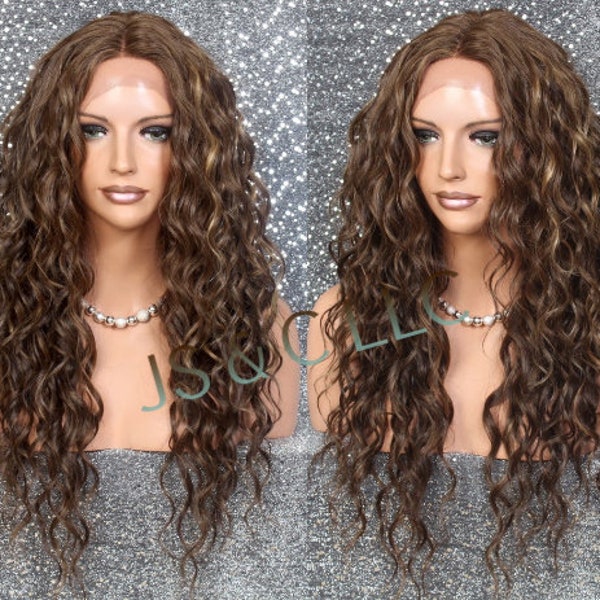 Caramel Brown Blonde Mix Human Hair Blend Lace Front Wig Curly Long Heat OK Hand Tied Center Parting Cancer Alopeica Theater Cosplay