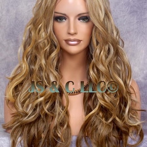 Blonde Tangerine Lightest Brown Mix Center Parting Human Hair Blend Lace Front Wig Beach waves  Long Heat OK Cancer Alopeica Theater Cosplay
