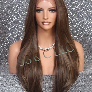 Full Soft Lace Front wig Heat safe Brown Caramel Blonde mix Silky Straight with layeres with center parting