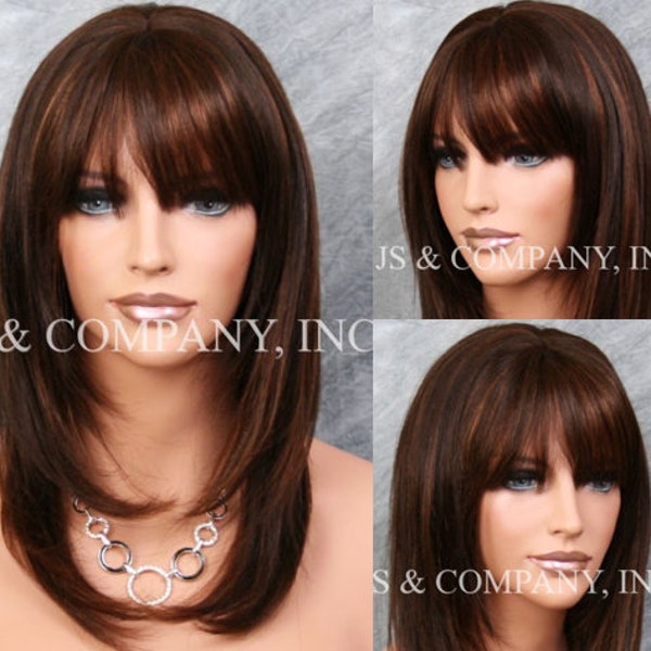 100% Echthaar perücke Braun Auburn Mix Full Bangs Layered Long Cancer/Alopecia/Cosplay