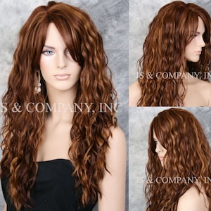 Brown Strawberry auburn mix Human hair blend Wig with Water Waves Full Bangs Off Center parting PERFECT WIG! Cancer Alopecia Theater Cosplay
