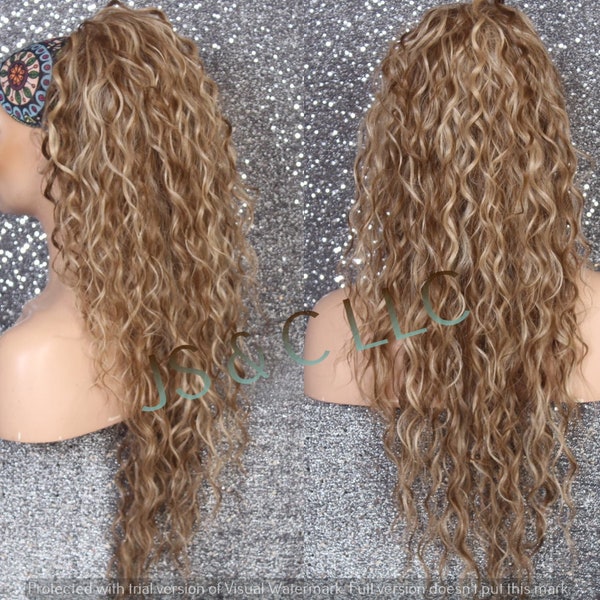 DK Ash blonde mixed Human Hair Blend PONYTAIL Hairpiece Drawstring ex long wavy Just put it on and Go! Can be wrapped around as a bum