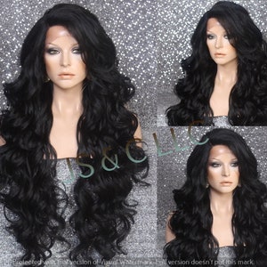 40" Extra long Human hair Blend Wig with Romantic curls and bangs Black natural mono side part lace Front Wig Heat Safe