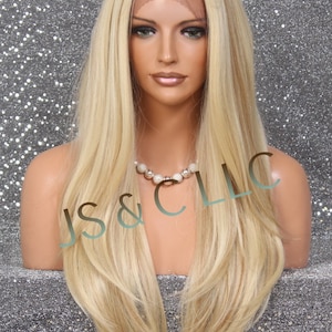 Blonde Mixed Human Hair Blend Wig Full Soft Lace Front Flowy Silky Straight layeres Heat OK center part Cancer/Alopecia/Cosplay