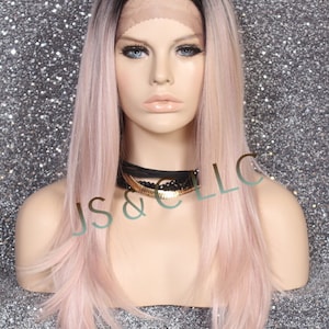 Human Hair blend Hand Tied Full Lace Front Wig Heat OK Center  Mono Part Layered Sides Pink Rose Gold Straight Cancer/Alopecia/Cosplay