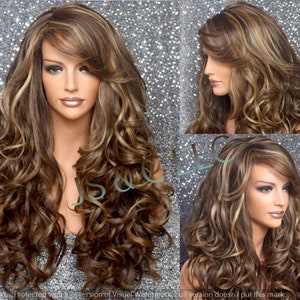 Beautiful Human hair Blend Brown Caramel And Blonde mix Long Full Wig with curls and bangs and side parting