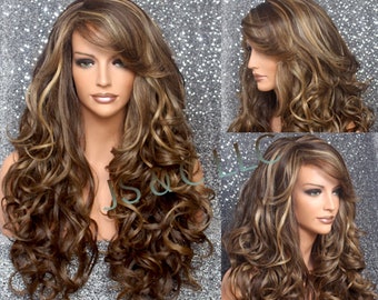 Beautiful Human hair Blend Brown Caramel And Blonde mix Long Full Wig with curls and bangs and side parting