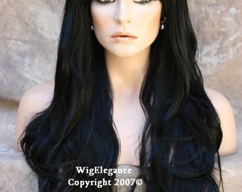 May include: A long, black wig with side-swept bangs and loose waves. The wig is styled in a casual, effortless way. WigElegance Copyright 2007.