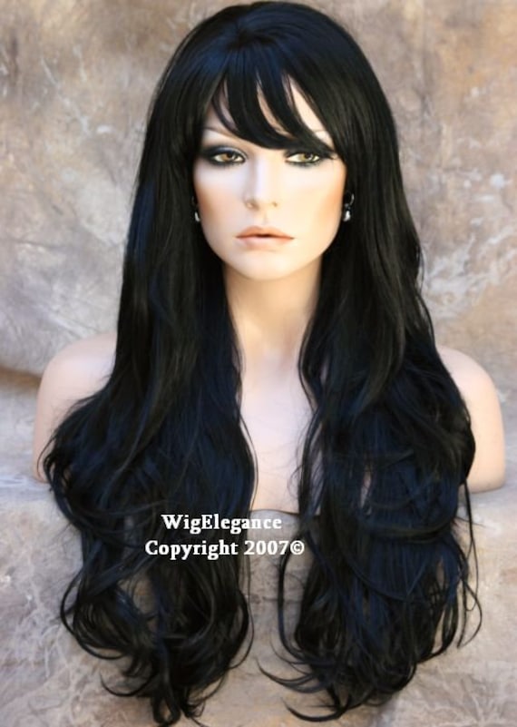 Stunning Human Hair Blend Wig Black Long Layered Wavy Full  display picture 1