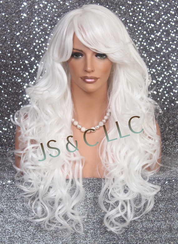 Beautiful White Long Full Layered Human Hair Blend Wig With  display picture 3