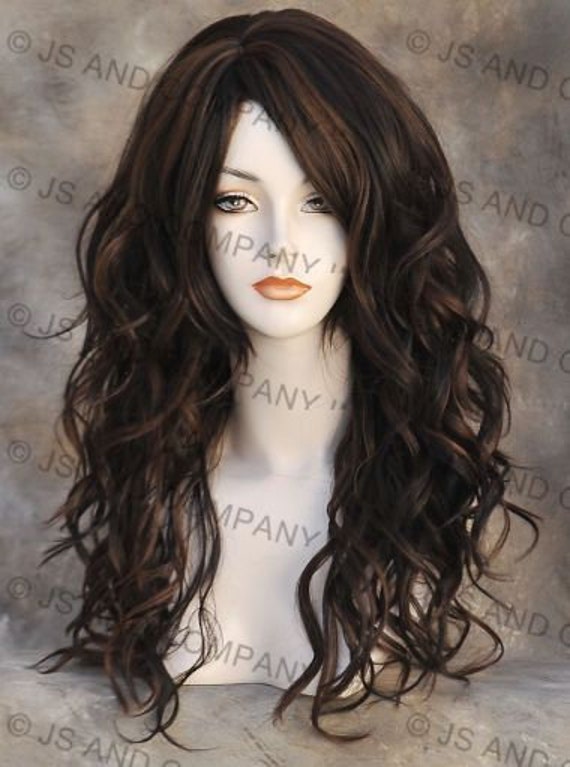 Brown Auburn Mix Human Hair Blend Wavy Extra Long Bangs off  display picture 3