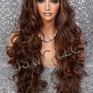 Human Hair Blend Wig Heat Safe Lace Front Wig Free Part Curly Long Brown mixed Cancer/Alopecia/Cosplay