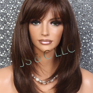 Human hair Blend Wig Face Framing Razor Cut Brown Auburn mix Heat OK Full Bangs Center Part Stright Long Hair Cancer/Alopecia/Cosplay