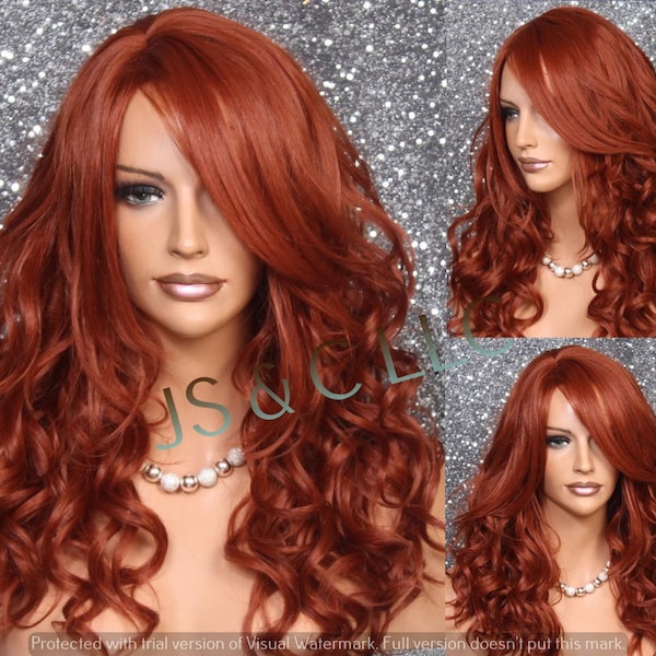 Copper Red Human Hair Blend Wavy Extra Long Bangs Off Center parting Wavy curly Cancer Alopecia Theater Cosplay