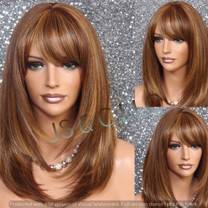 Human hair Blend Wig Face Framing Razor Cut Auburn brown Blonde mix Heat OK Full Bangs Center Part Straight Cancer/Alopecia/Cosplay