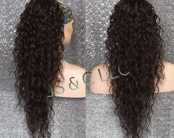 Medium Brown Human Hair Blend PONYTAIL Hair piece Drawstring extra long wavy Simply put it on and Go! Can be wrapped around as a bum