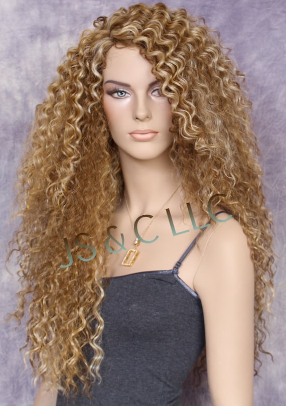 Human Hair Blend Curly Blonde Light Brown Tangerine Mix Wig 
