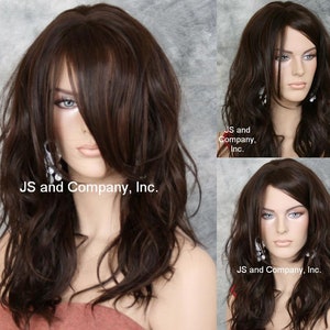 Natural Human hair blend Wig Medium Brown mix Loose Relaxed Waves Full Long Bangs Off Center parting Cancer Alopecia Theater Cosplay Drag