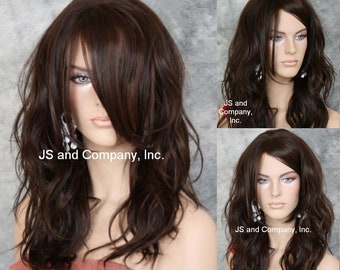 Natural Human hair blend Wig Medium Brown mix Loose Relaxed Waves Full Long Bangs Off Center parting Cancer Alopecia Theater Cosplay Drag