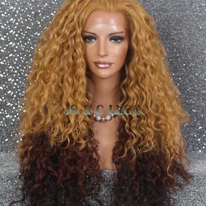 Guldblond Brun Rödbrun Underton Fri Avskedande Äkta Hårblandning Lace Front Peruk Vågig Lång Värme OK Cancer Alopeica Teater Cosplay
