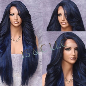 Luscious Human Hair Blend Full Lace front wig with Feathered sides Long swept bangs and natural side parting in exotic blue mix color