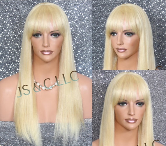 24 100 Human Hair Wig Bleached Blonde Full Bangs Layered Long Cancer alopecia cosplay Etsy Canada