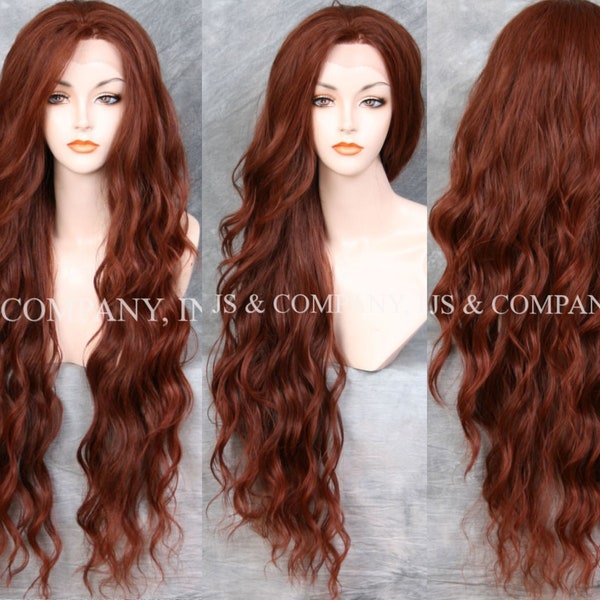 35" menschliche Haarmischung Perücke Spitze vorne Kupfer rot wellig Hitze sicher Krebs/Alopezie/Cosplay