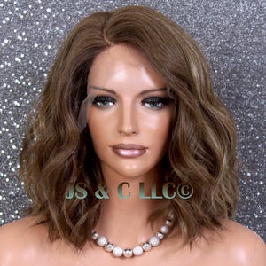 Caramel Brown mixed Human Hair Blend Wavy Lace Front wig Heat safe Everyday style Bob Cancer Alopecia hairloss
