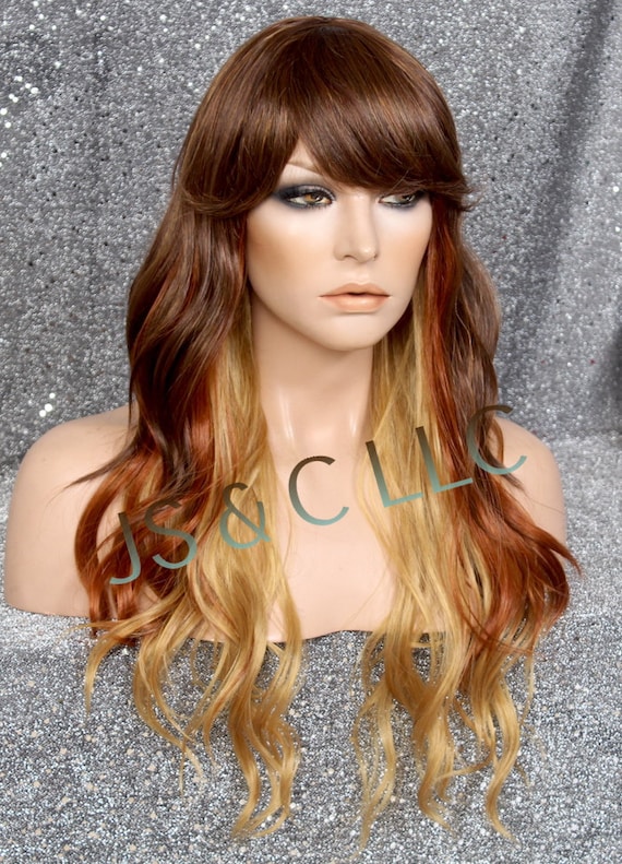Human Hair Blend Wig Brown Copper Blonde Mixed Long Wavy  display picture 1