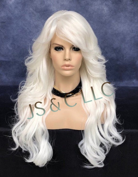 White Wavy Curly Wig: Human Hair Blend, Long Bangs, Cosplay  display picture 2