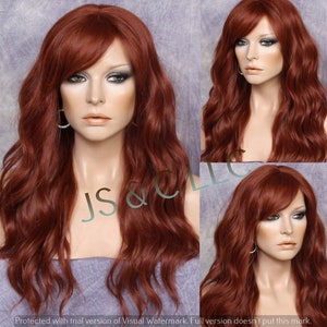 Beautiful Human hair Blend Wig Copper Red Auburn Long Wavy Center part Bangs Heat Ok Cancer/Alopecia/Cosplay