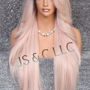 Human Hair Blend Full Lace front wig Feathered sides swept bangs Hand Tied Mono side part Pink Rose Gold mix color Cancer/Alopecia/Cosplay
