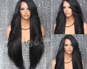 Black Luscious Full HUMAN HAIR BLEND Lace front wig Heat Ok Feathered sides Long swept bangs natural side part Cancer Alopecia Theater