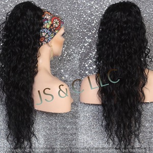 May include: A long, black, curly ponytail hair extension. The hair extension is shown in two views, one with a colourful headband and the other without.