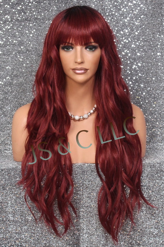 Human hair blend burgundy red curly wavy wig Amazon.com : Doiwile Burgundy Curly Wig with Bangs Human  main image 3